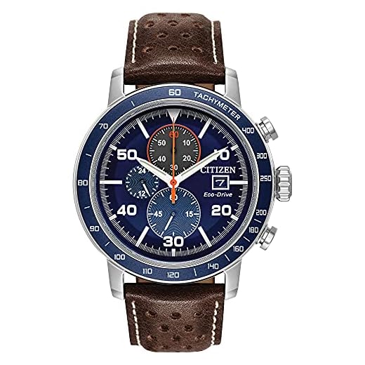 Citizen Relógio cronógrafo masculino Eco-Drive Weekender Brycen em aço inoxidável, pulseira de couro marrom, mostrador azul (modelo: CA0648-09L)
