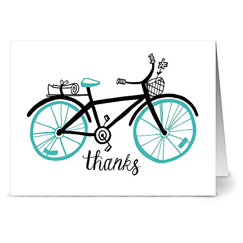 Note Card Cafe Thank You Greeting Card Set with Gray Envelopes | 24 Pack | Blank Inside, Glossy Finish | Aqua Bicycle Thanks | Bulk Set for Greeting Cards, Occasions, Birthdays