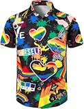 COSAVOROCK Camisa Orgullo Arcoiris para Hombre Camisas Rainbow Pride Casual Hawaiana, Arcoíris Corazón Labios, XL