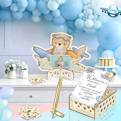 Image of Wenqik 63 Pcs Airplane Little Explorer Landing Soon Baby Shower Guest Book Alternatives Set Baby Shower Decorations with Photo Frame Sonogram Frame Keepsake 60 Wood Slices Guest Book for Birthday