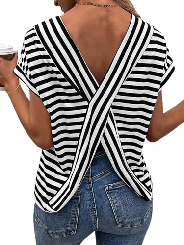 LilyCoco Womens Striped Open Back Tops Criss Cross Back Batwing Sleeve T Shirt
