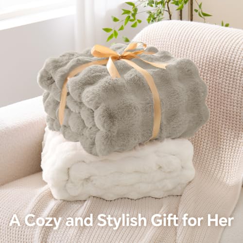 Image of BEDELITE Faux Fur Throw Bubble Blanket for Couch, 60 inch x 80 inch, Cream | 870GSM Soft Cozy Plush Blanket for Sofa & Bed Living Room Decor, Warm Fuzzy Faux Rabbit Fur for Women Gift, All Season Use