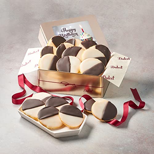 Dulcet Gift Baskets Happy Birthday Black and White Cookie Gift Tin With Balloons and Candles, Birthday Gift for Men, Women, Mom, Dad, Adults, College Student, Military, Teens, Friends, Boy or Girl