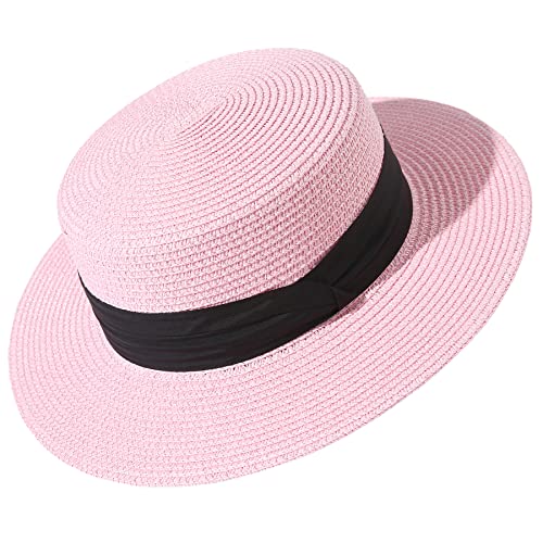 Image of Lanzom Sun Hats for Women Wide Brim Straw Boater Hat Foldable Packable Beach Hat for Summer Fit Size 6 8 /7-7 1 /4