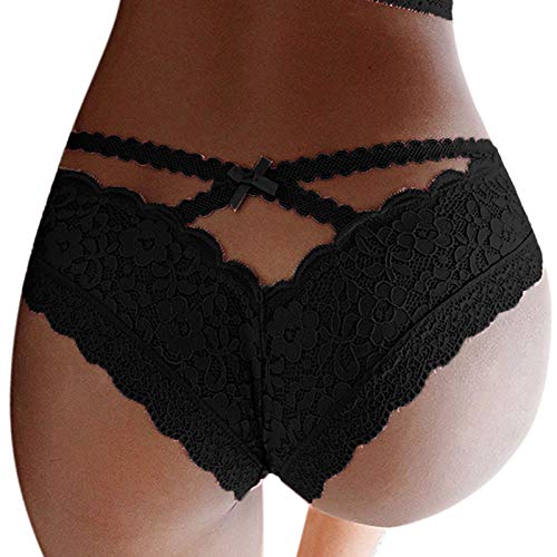 MISYAA Women's Lace Thongs Bikini Panties Sexy V-Back Criss Cross Bowknot Mid Rise Underwear Sexy Lingerie Panty, A-black