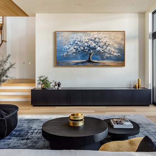 SERIMINO Tree of Life Wall Art, Large Framed Wall Art, Blue Tree Abstract Painting Art Prints, Nature Plant Canvas Art Wall Decor, Modern Neutral Pictures for Living Room Bedroom Office Hotel 24"X48"
