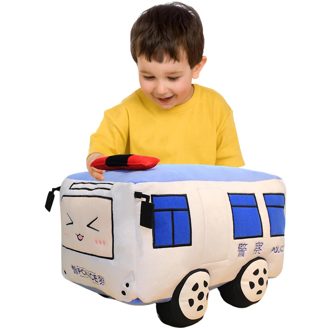 ELAINREN Simulation Police Car Plush Toy 3D Police Bus Stuffed Gifts for Kids Cartoon Car Shape Plushie Pillow Decor Gifts/28x18x15cm