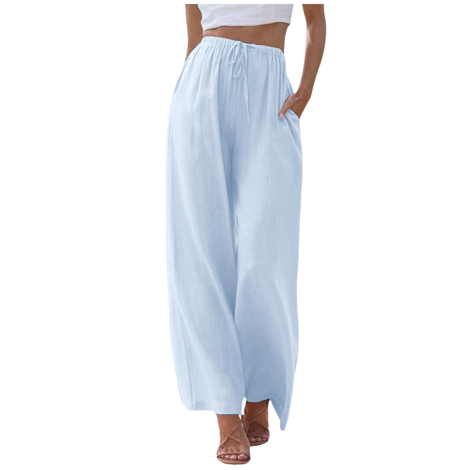 Damen Leinenhose Lang Leicht Sommerhose Loose Fit Casual Locker Stoffhose Weite Beine Palazzo Hose mit Taschen Sommerhose Damen Leicht Baumwolle Leinen Hose Einfarbig Freizeithose