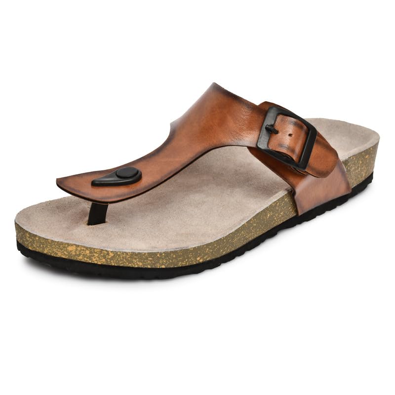 qhan Men's Comfort Cork Sandals – Slip-On Toe Post Design with Adjustable Buckle, Non-Slip Sole (Tan, 8)-picture-16