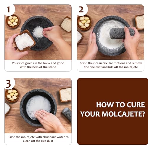 Image of Molcajete 8 in Mexican, Handmade with Natural Volcanic Stone, Artisanal Kitchen Utensil for Grinding with Pores for Crushing, Specially Designed for Grinding Spices, Sauces, and Guacamole