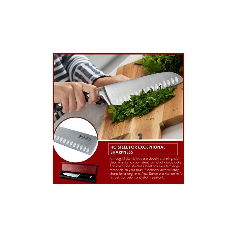 SAKEN-Santoku-Knife-7-Inch-Japanese-Chef-Knife-with-High-Carbon-German-Steel-Blade-Granton-Edge-and-Ergonomic-Handle-Multipurpose-Kitchen-Knife-for-Mincing-Slicing-and-Dicing Saken Santoku Knife - 7-Inch Japanese Chef Knife with High-Carbon German Steel Blade, Granton Edge, and Ergonomic Handle - Multipurpose Kitchen Knife for Mincing, Slicing, and Dicing
