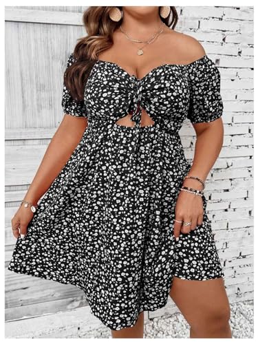 Image of SOLY HUX Women's Plus Size Summer Dresses Off Shoulder Floral Print Short Sleeve Cut Out Tie Front A Line Short Dresses
