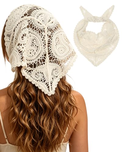 WELROG Crochet Head Scarf,Boho Vintage Bandana for Women,Beige Ha...