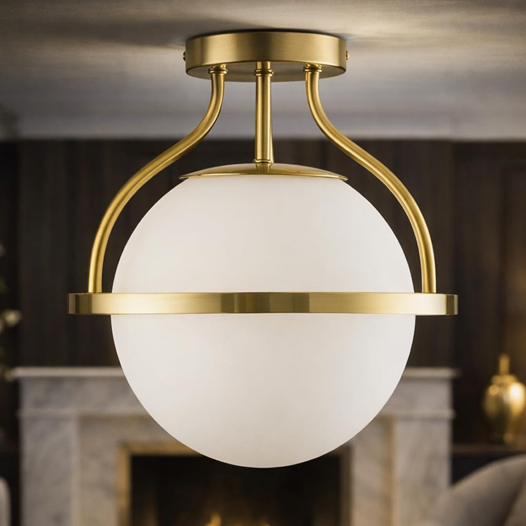 Maxax Brass Globe Ceiling Light, 11"x12", Mid Century Semi Flush Mount Light Fixture, Modern Mini Small Chandelier, E26 Base, Milky White Glass Shade, Brass Finish