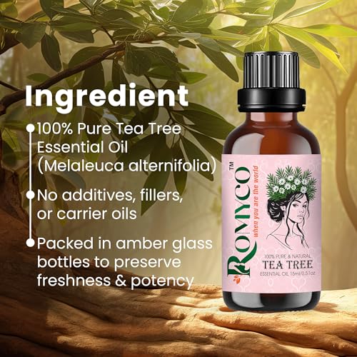Image of Romyco Tea Tree Essential Oil 15ml | Acne, Skin Care & Itchy Scalp Relief | Antibacterial | Diffuser & Aromatherapy | Pure Premium & Undiluted