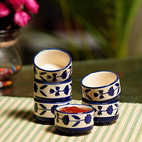 Image of Handpainted Floral Studio Pottery Ceramic Chutney Round Bowl /Pickle Bowl /Sauce Bowl /Dip Bowl /Small Katori Set (40 ML, Small, Set of 6, Blue and Blackand Off White)