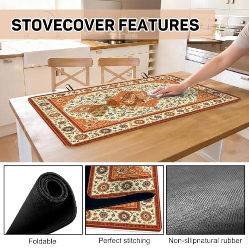 Image of Fall Boho Floral Stove Top Cover for Electric Stove 28 inch x 20 inch, Rubber Glass Cooktop Protector, Autumn Countertop Cover Mat, Dish Drying Mat, Thanksgiving Farmhouse Kitchen Decor Accessories