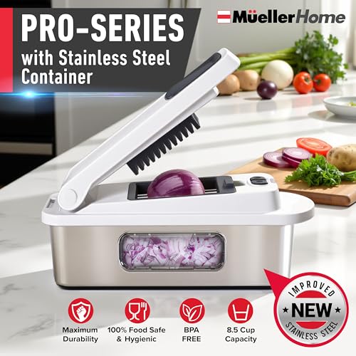 Image of MUELLER HOME Pro-Series 10-in-1, 8 Blade Stainless Steel Multi Vegetable Chopper And Mandoline Slicer, Kitchen Accessories and Essentials, Food and Veggie Chopper, Mincer, Dicer, White Sand /Grey
