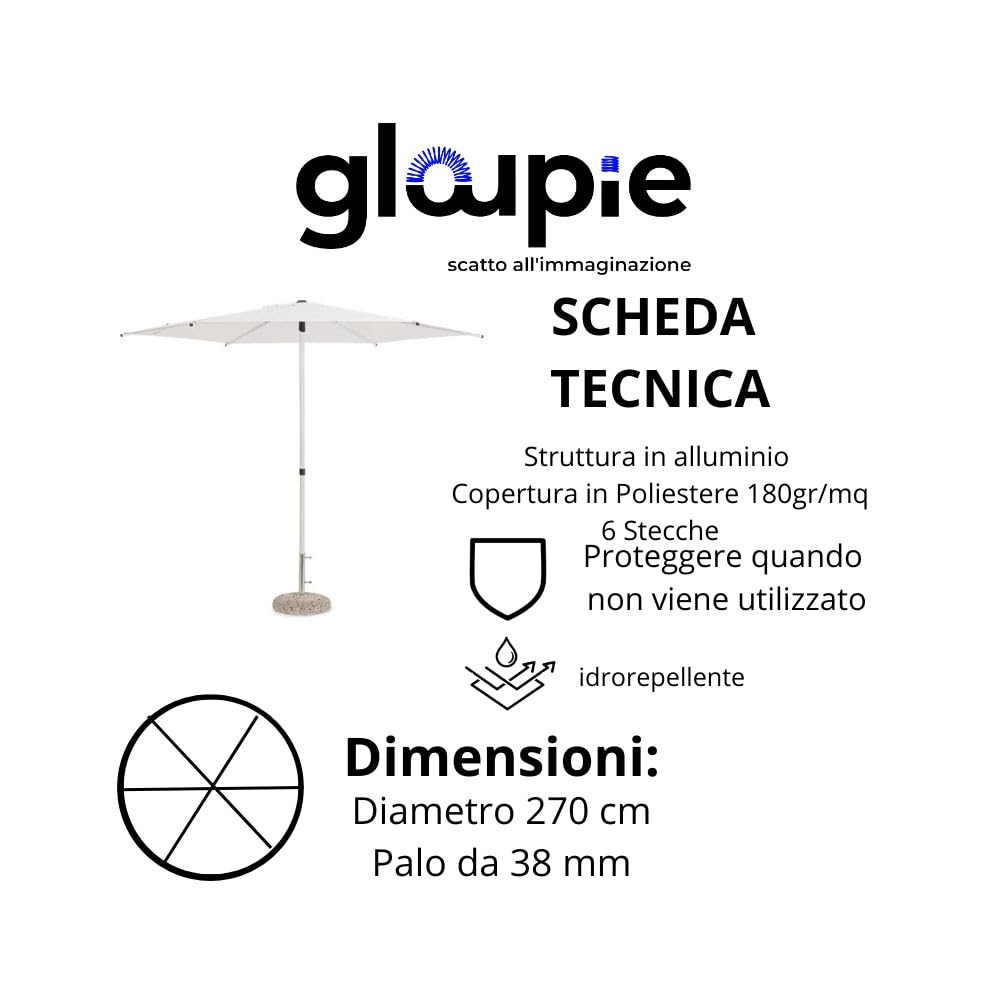 Ombrellone Elix, Rotondo da 2.7 metri con Palo Centrale da 38 mm, Struttura in Metallo, Copertura da 160 Gr/M²
