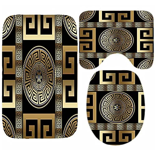 ZGDPBYF 3 Stück Badematten Geometrisch Schwarz Gold Griechisch Key Meander Wasserdicht Rutschfest...