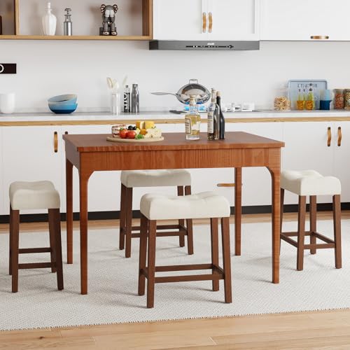 Image of Giantex 24 inch Bar Stools Set of 4, Upholstered Counter Height Saddle Bar Stools with Footrest and Wood Legs, Farmhouse Button Tufted Backless Barstools for Kitchen Island, Dining Room, Cafe, Beige+Brown