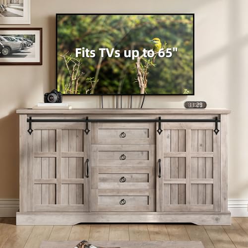 DWVO 59" Kitchen Storage Cabinet, Sideboard Buffet Cabinet with Storage, Sliding Barn Doors and 4 Drawers for Living Room/Kitchen, Wash Grey
