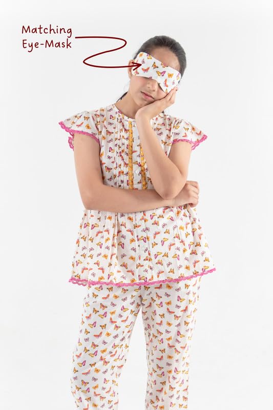 Image of Tweeny Mini Girls Kids Pure Cotton Nightsuit | Nightwear | Sleepwear | Nightdress with Pajama and Halfsleeve Top Cute Butterfly Printed with Eye Mask
