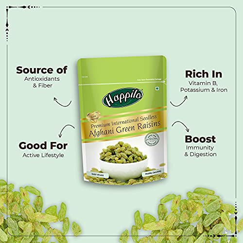 Image of Happilo Premium Seedless Afghani Green Raisins 200g | Kishmish /Kismis | Dry Fruits, Healthy Snacks | Nutritious, Rich in Iron & Vitamin B | Antioxidant Rich Snack (Pack of 3)