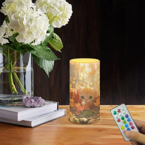 Image of Poceacles Flameless Candle Electric LED Lights with Timer Remote Color Lights, 3 AAA Batteries Operated (Not Include) Tealight for Home Indoor Fall Decor, Cartoon Cat Fall Forest Autumn Leaf