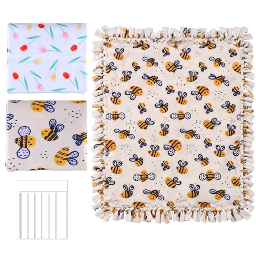 HunnmingRe 3 Pcs DIY Tie Blankets Fleece Kit No Sew Blanket Kit Include 50x60 Inch No Sew Fleece Fabric and Ruler Template DIY Throw Making for Bed Couch(Bees Colorful)