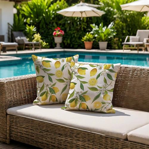 Jayusaror Outdoor Kissenbezug 40x40 Wetterfest Kissen Gelb Zitronen Sofakissen Blumen Kissenhülle Frühling Sommer Wasserdicht Kissenbezüge für Sofa Garten Balkon Terrassen Lounge Deko 2er Set