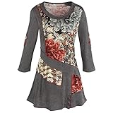 Parsley & Sage - Fig Leaf, 3/4 sleeve v-neck tunic top in a casual floral style