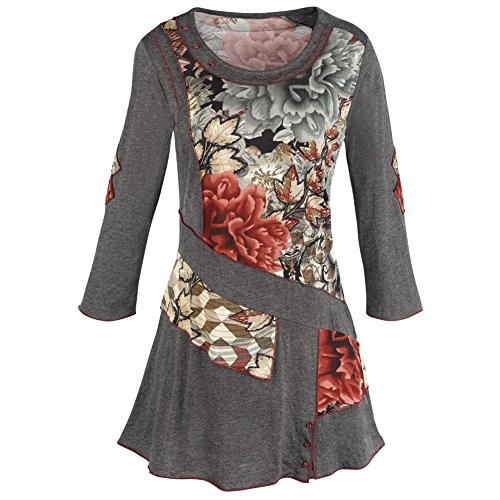 Parsley & Sage - Fig Leaf, 3/4 sleeve v-neck tunic top in a casual floral style