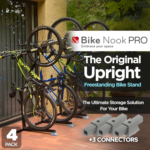 Image of Bike Nook Pro Stand & Vertical Storage Rack - 4 Pack with connectors - The Original Vertical Bicycle Floor Stand for Garage Storage and Indoor and Outdoor use, No Drilling Required