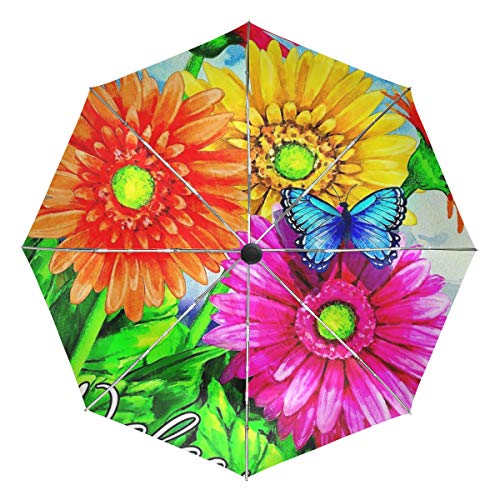 Preisvergleich Produktbild XiangHeFu Regenschirm Willkommen Helle Blumen Schmetterling 3 Falten Leichte Anti-UV