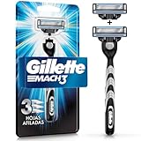 GILLETTE Mach3, Rastrillo para Afeitar Reutilizable, 1 Mango + 2 Cartuchos con 3 Hojas para Rasurar la Barba, Afeitado al...