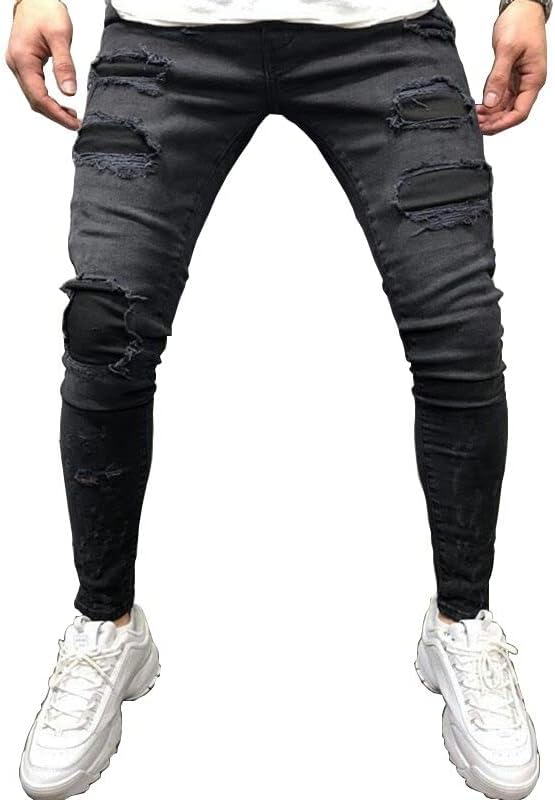 WEIBUMAOYI Men's Straight Slim Fit Elastic Ripped Distressed Stretchy Skinny Jeans with Patches Tapered Leg Pants