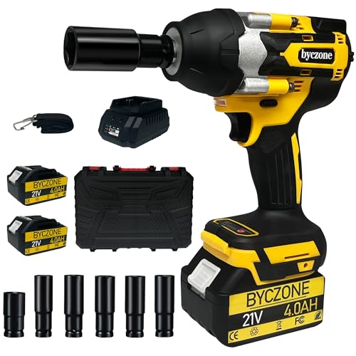 byczone 1000N.m(740Ft-lbs) Cordless Impact Wrench, 1/2 Inch High Torque Brushless 21V Impact Gun w/ 2 x 4.0Ah Battery & Fast Charger & 6 Sockets, Pistola De Impacto for Home Car Tires Truck Mower by byczone - Used condition - US$62.43
