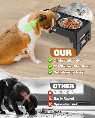 Elevated Dog Bowls, Dog Feeder with 2 Stainless Steel Dishes, 2 Heights Adjustable Raised Stand for Small Dogs, Food Dishes with Non-Slip Feet - Image 6