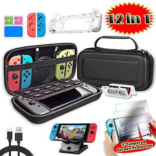 Funda para Nintendo Switch 12 en 1, Protector de Pantalla, Soporte de Viaje, Funda para Consola y Accesorios, Color Negro