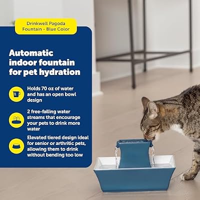 PetSafe Drinkwell Pagoda Pet Fountain,70 oz/ 2L Capacity,Elevated Indoor Ceramic Cat Fountain, 2 Levels of Free-Falling Streams, Included Carbon & Foam Filter Provide Fresh Water with Every Sip, Blue