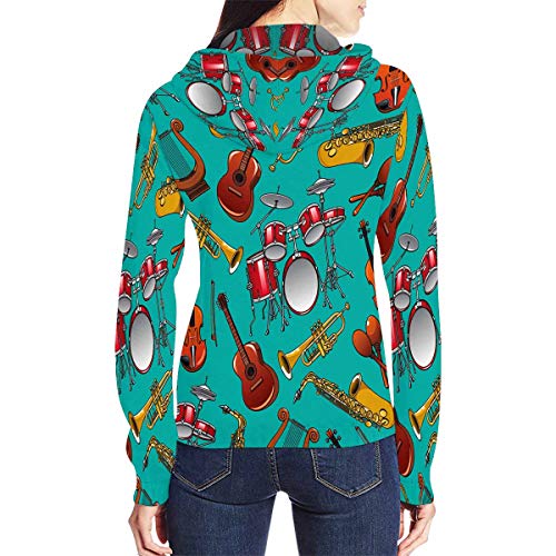 INTERESTPRINT Women\'s Musical Instruments on Turquoise Background with Drum Set, Guitar, Trumpet, Saxophone, Violin, Lyre Zipper Hoodies Sweatshirt XXL