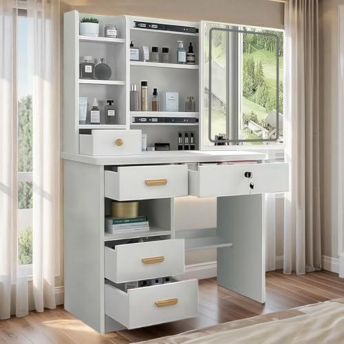 Opiniones y reviews de Estanterías y almacenaje del mes. 50 TRIUMPHKEY Tocador Vanity con Espejo Luz LED Mueble para Maquillaje Minimalista con Espejo Corredizo 5 Cajones y Estantes De Almacenaje para Recamara,Sala,Vestidor 80x38x130CM...