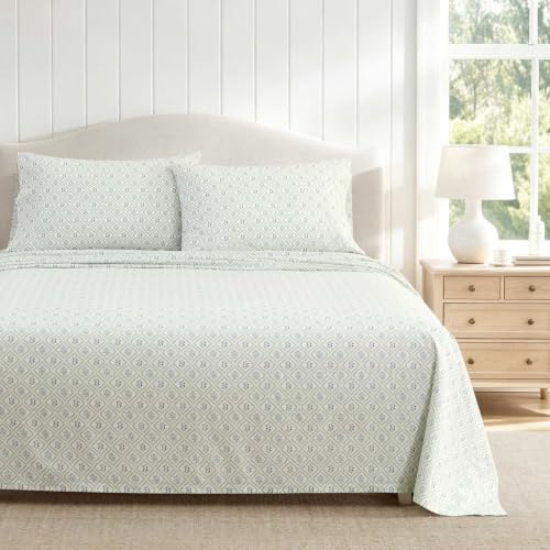 Image of Martha Stewart - Queen Sheet Set with Fitted Sheet & Pillowcases, Cotton Percale Bedding with a Smooth Feel, Deep Pocket, Costa Blue