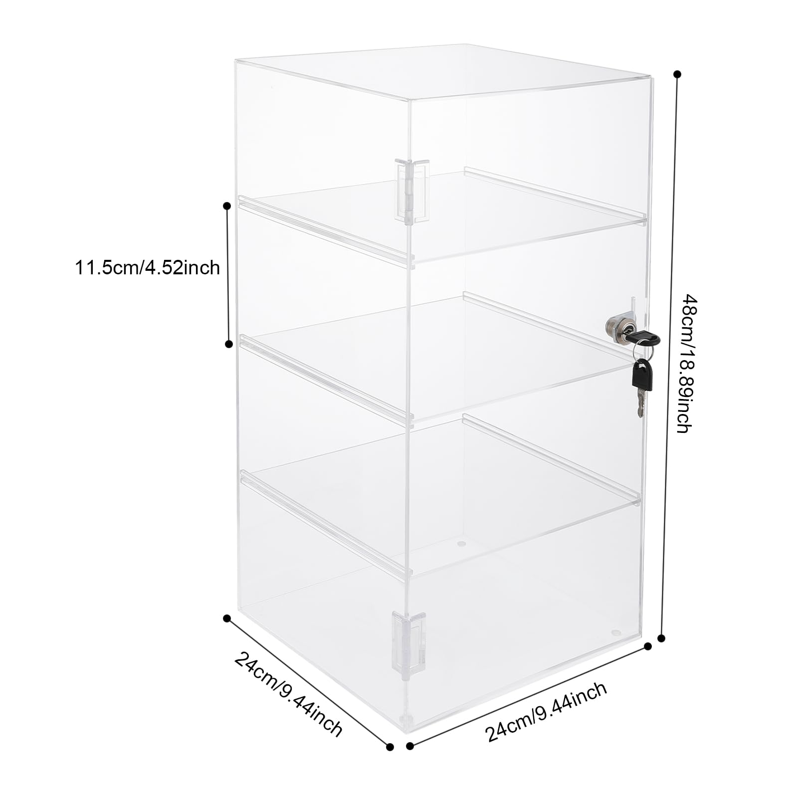 Lockable Acrylic Display Case 4-Tier Clear Acrylic Display Cabinet with Lock Locking Countertop Showcase Display Cabinet with Storage Shelves for Home Office Retail Display, 9.45x9.45x18.9 inch Clear