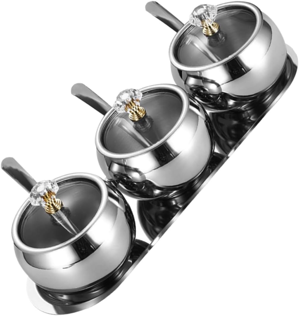Stainless Steel Sugar Bowl with Lid and Spoon Set, Kitchen Spice Storage Jar Condiment Canister with Tray for Salt Coffee and Seasoning, 4pcs Serving Container for Home