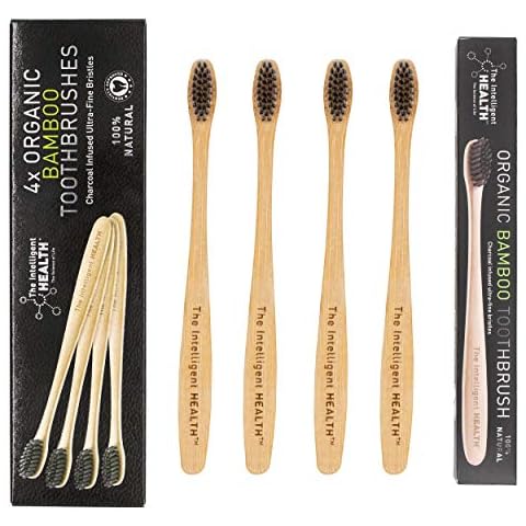 The Intelligent Health Wooden Bamboo Activated Charcoal Toothbrushes - A Natural Eco Friendly Manual Toothbrush | BPA Free and Zero Waste Oral Hygiene | Family Pack of 4 Biodegradable Toothbrushes Cover