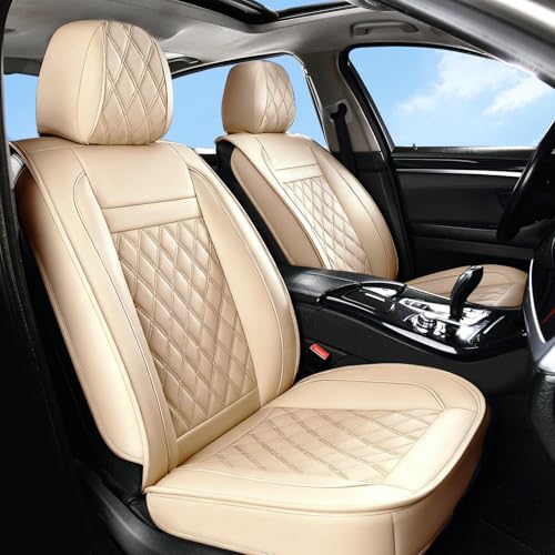 Image of Huidasource Beige Car Seat Covers Front Seats, Front Seat Cover for Cars, Nappa Leather Automotive Car Seat Cushion Protector Universal Fit for Most Cars,Vans,Trucks, SUVs (Front Pair /Beige)