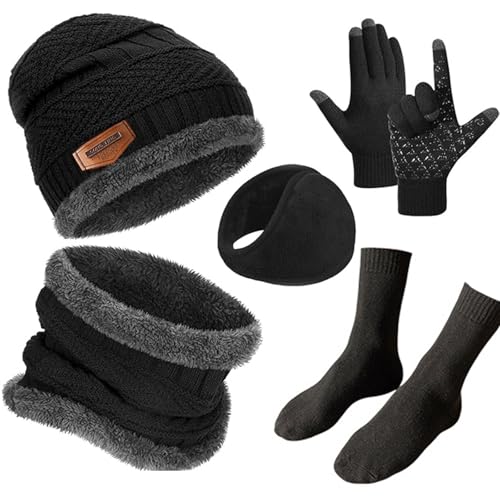 BananaHome 5 Pcs Winter Hat Scarf Gloves Ear Muffs Socks Set for Men Women Snow Knit Skull Cap Knit Slouchy Beanie Cap&Neck Warmer Set with Warm Thick Lined Screen-Touch Black One Size