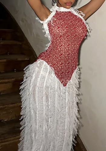 Image of Geulis Women's Sexy Fringe Bodycon Dress Summer Backless Sleeveless Patchwork Hollow Out Long Maxi Dresses Nigh Out Red